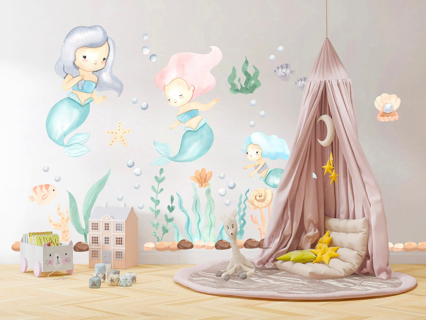 Enchanting Mermaid Trio Undersea Wall Decal - Removable Peel and Stick - BR130