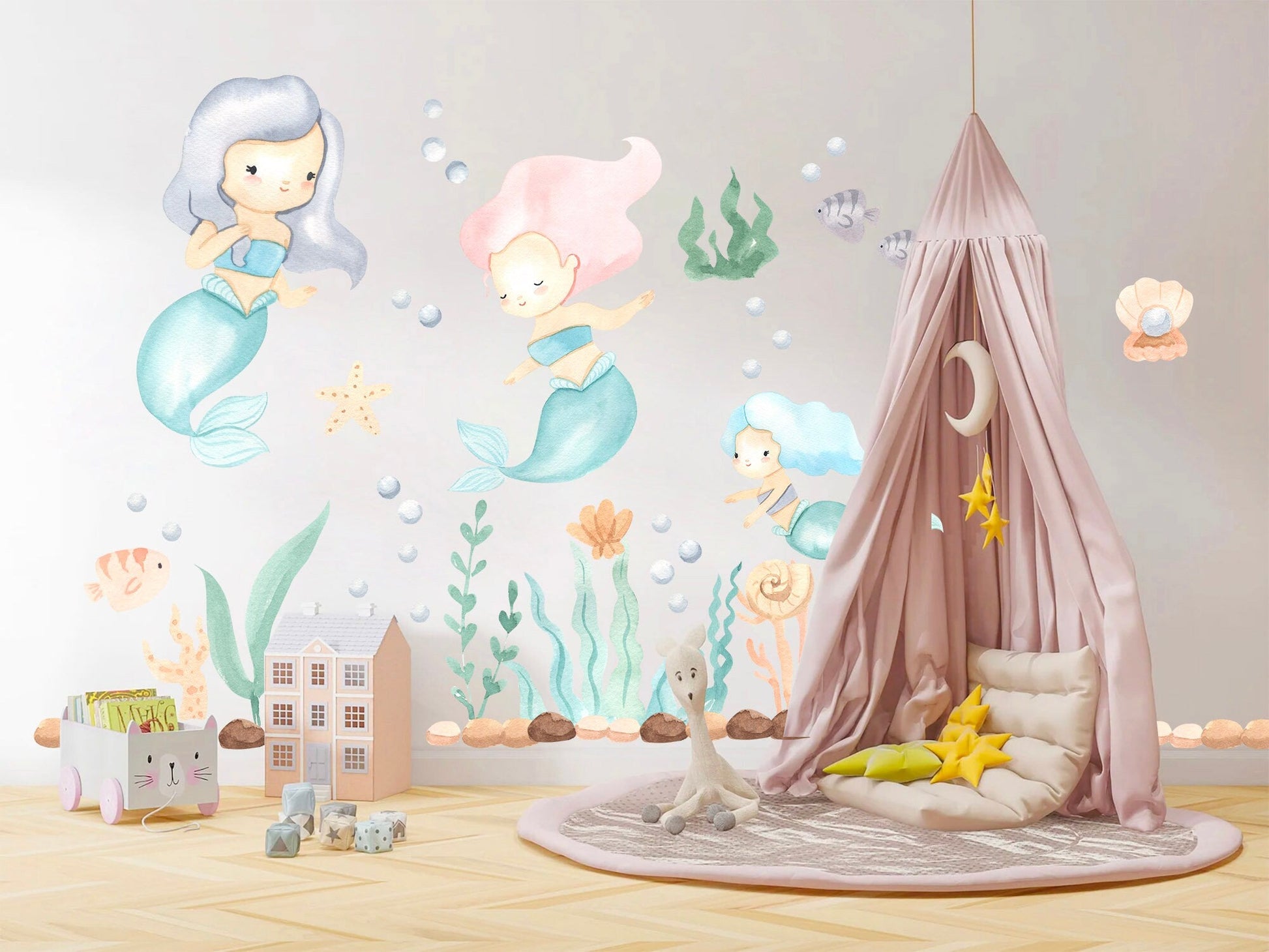 Enchanting Mermaid Trio Undersea Wall Decal - Removable Peel and Stick - BR130