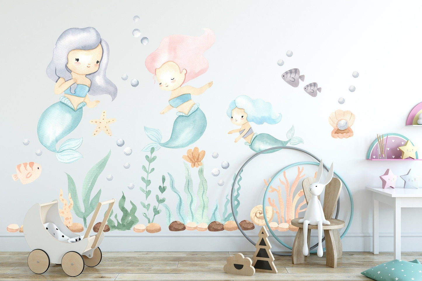 Enchanting Mermaid Trio Undersea Wall Decal - Removable Peel and Stick - BR130
