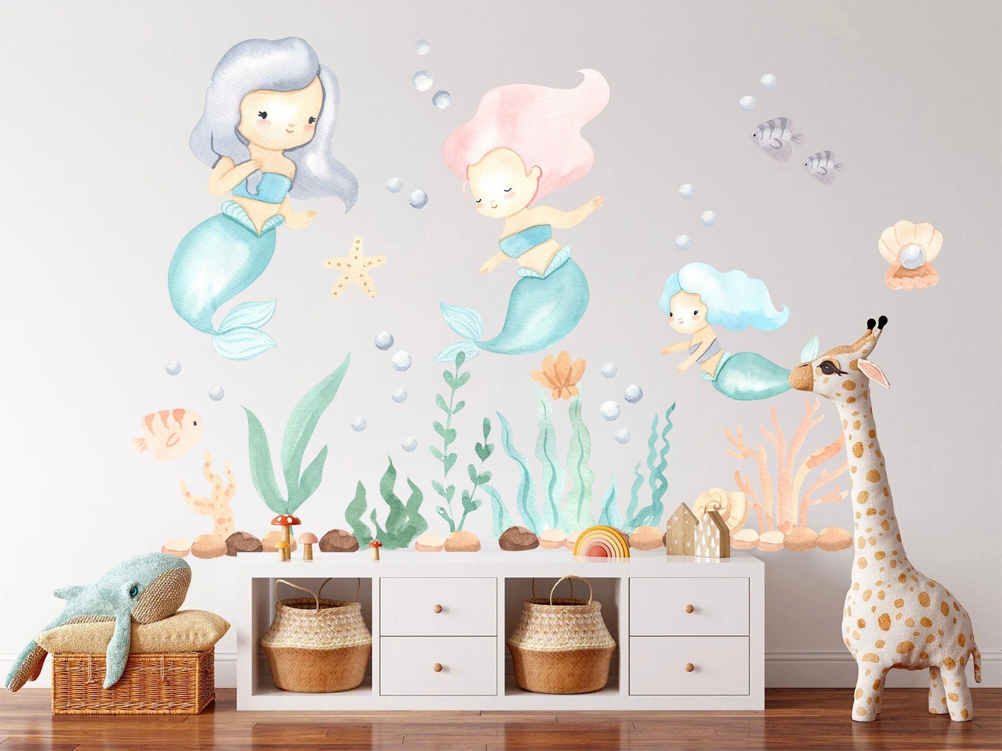 Enchanting Mermaid Trio Undersea Wall Decal - Removable Peel and Stick - BR130