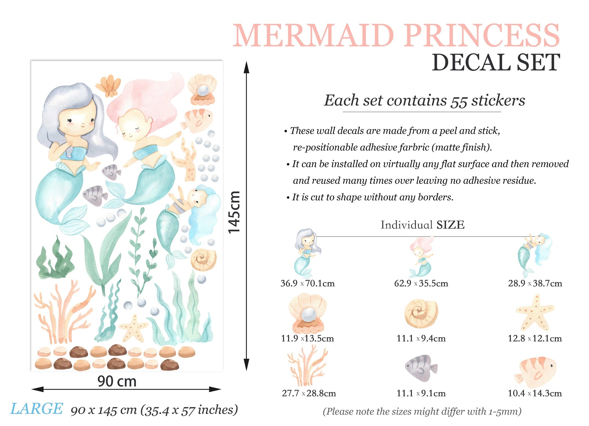 Enchanting Mermaid Trio Undersea Wall Decal - Removable Peel and Stick - BR130
