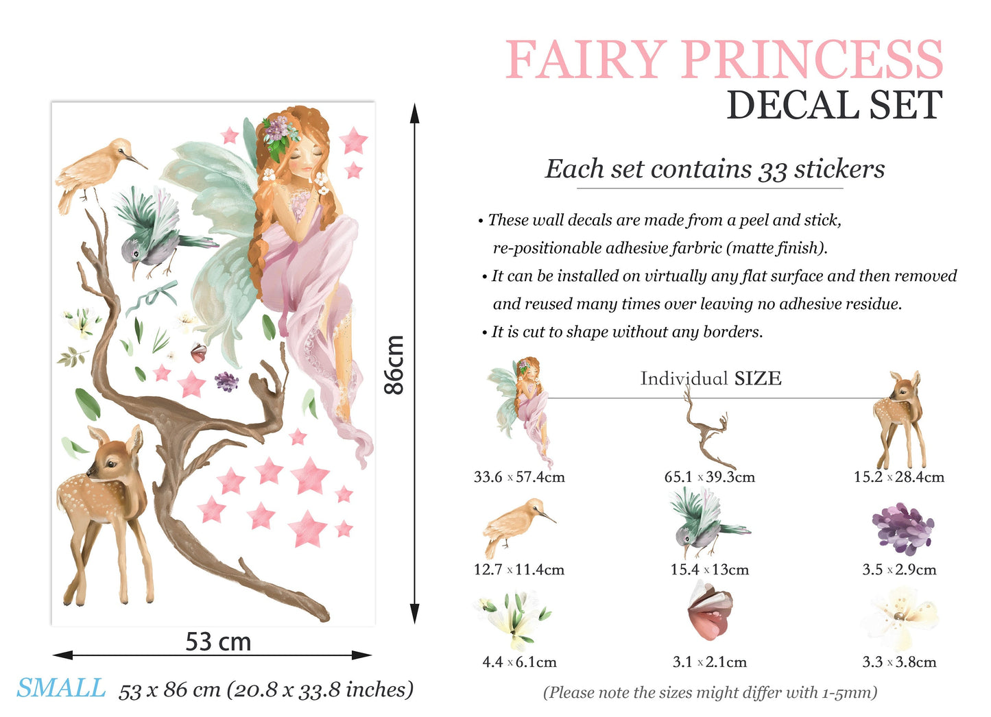Enchanted Fairy with Deer and Stars Wall Decal - Girl Room Decor -BR133