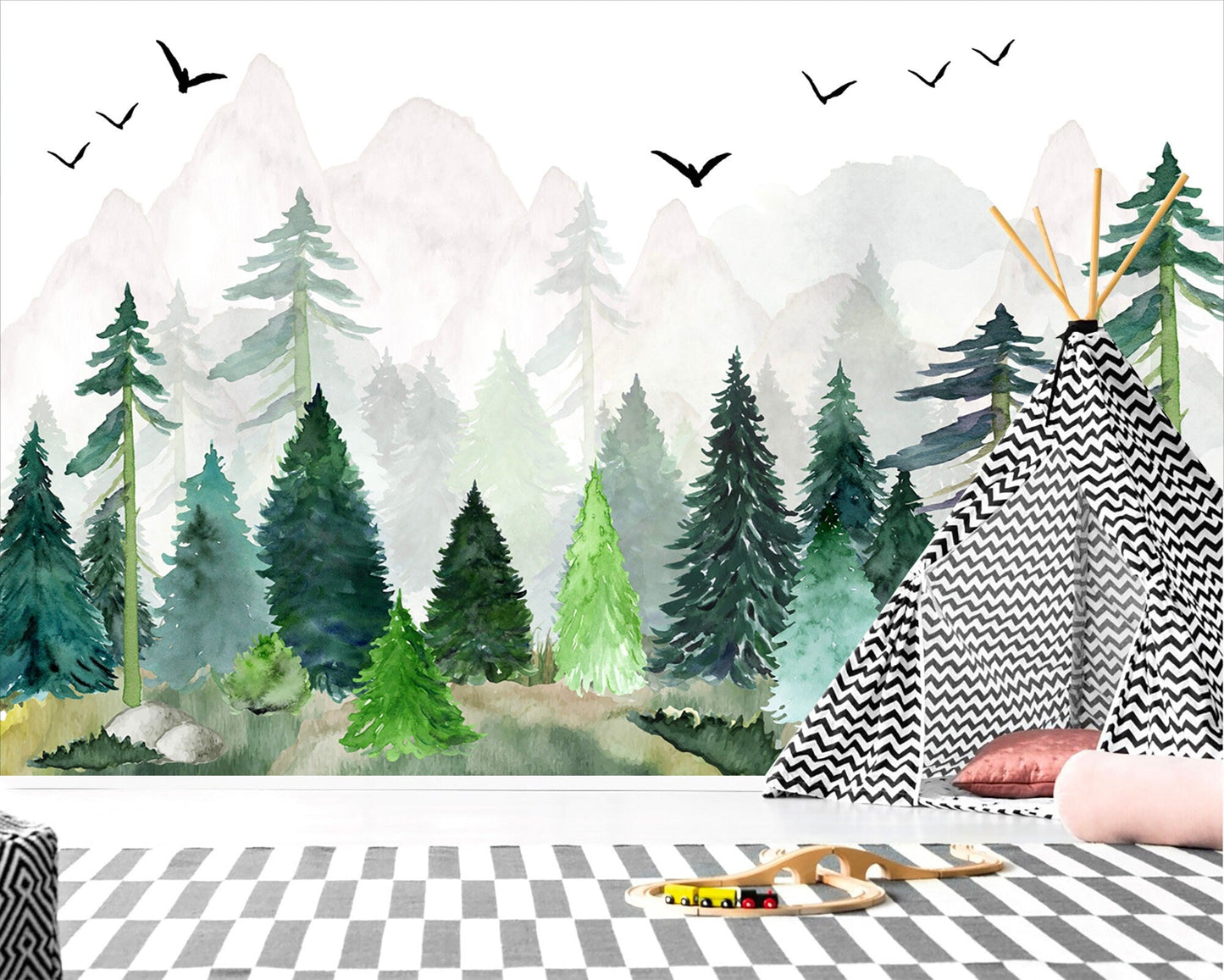 Watercolor Forest Landscape - Trees and Birds - Fabric Wallpaper - WM005