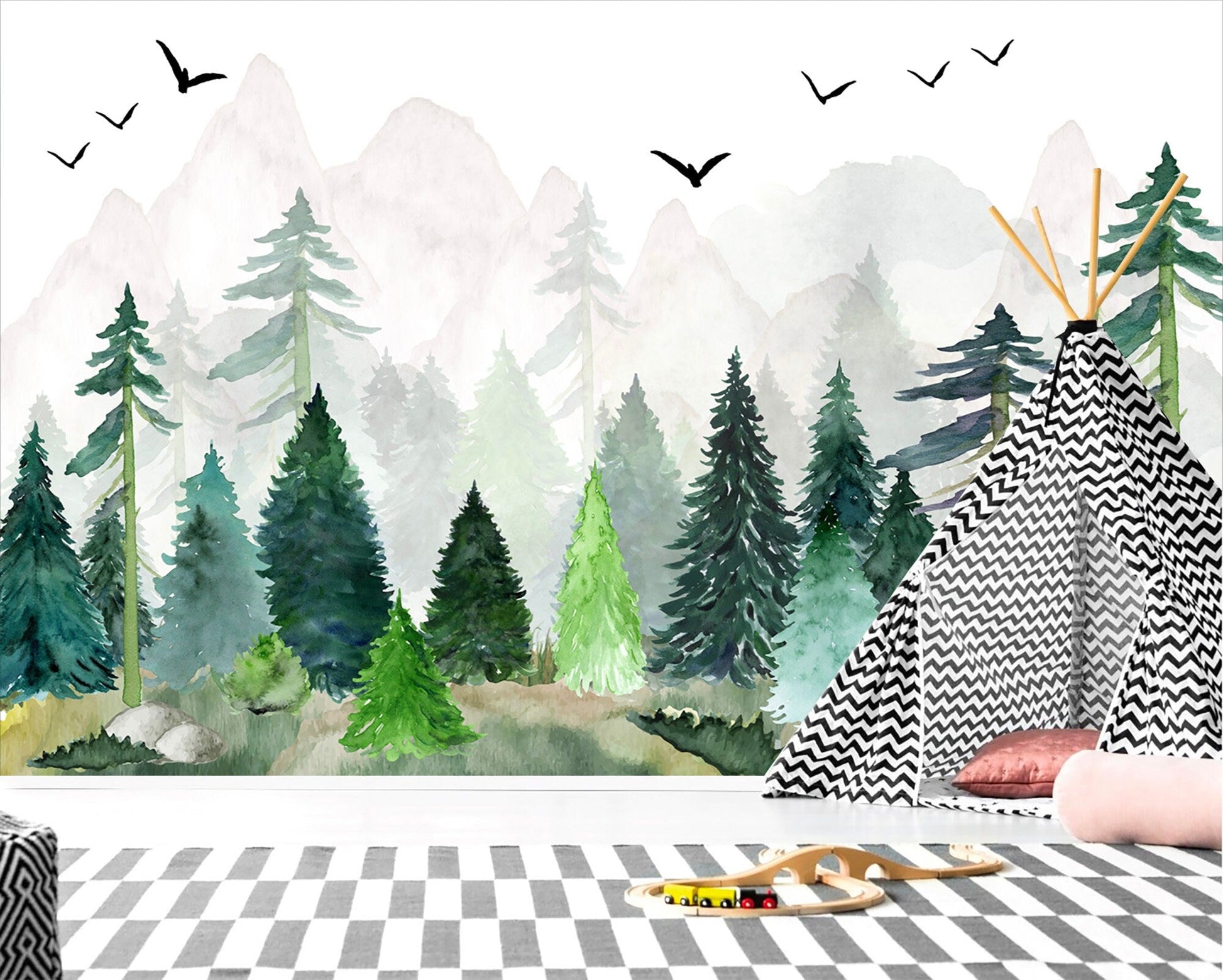 Watercolor Forest Landscape - Trees and Birds - Fabric Wallpaper - WM005