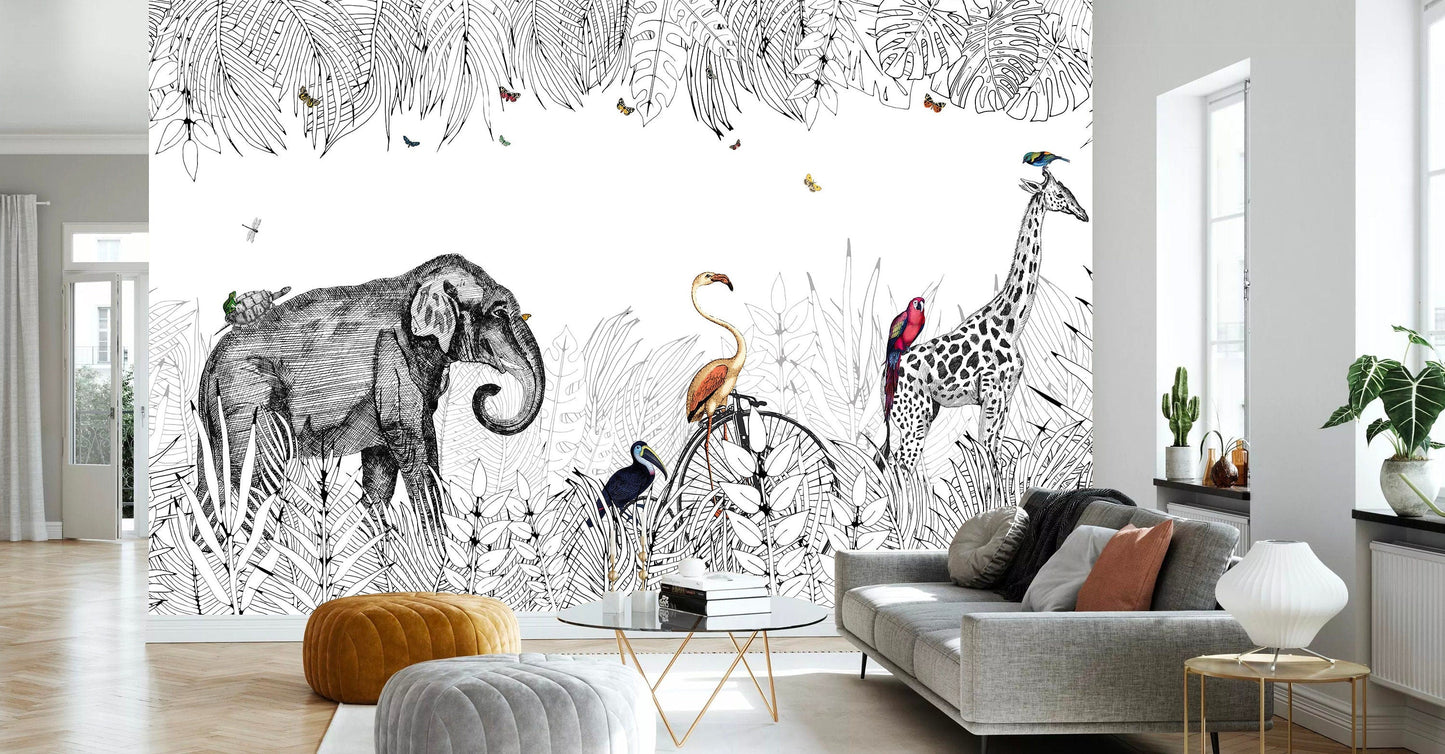 Black And White Line Tropical Forest Animal Elephant Giraffe Murals Fabric Wallpaper - WM007