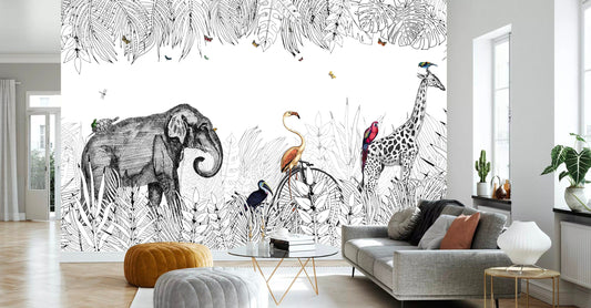 Black And White Line Tropical Forest Animal Elephant Giraffe Murals Fabric Wallpaper - WM007