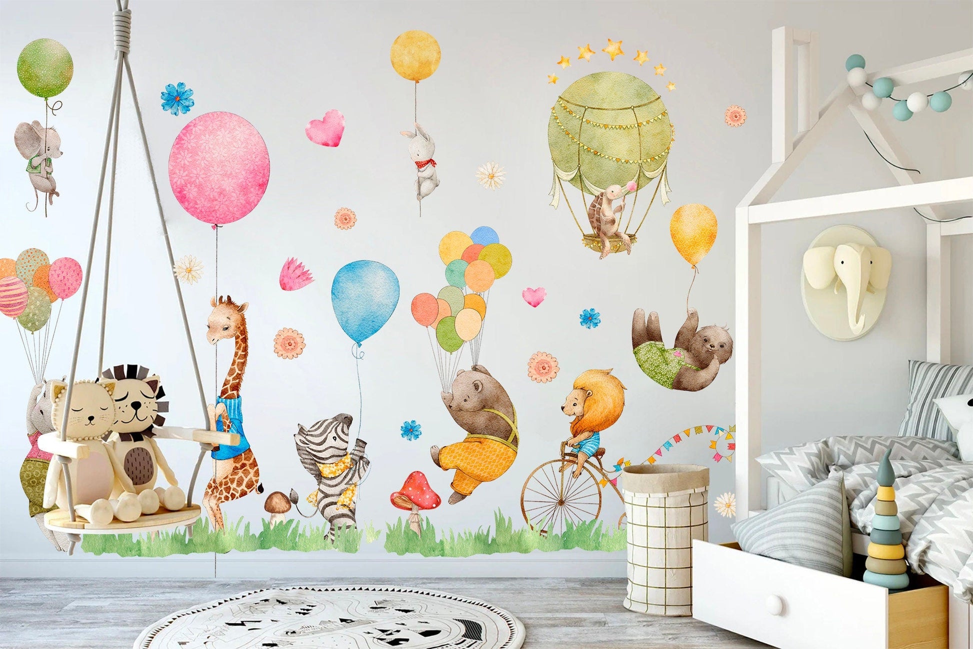 Animal Balloon Party Wall Decal - Giraffe, Hippo, Bear Playing in Meadow with Balloons - BR134