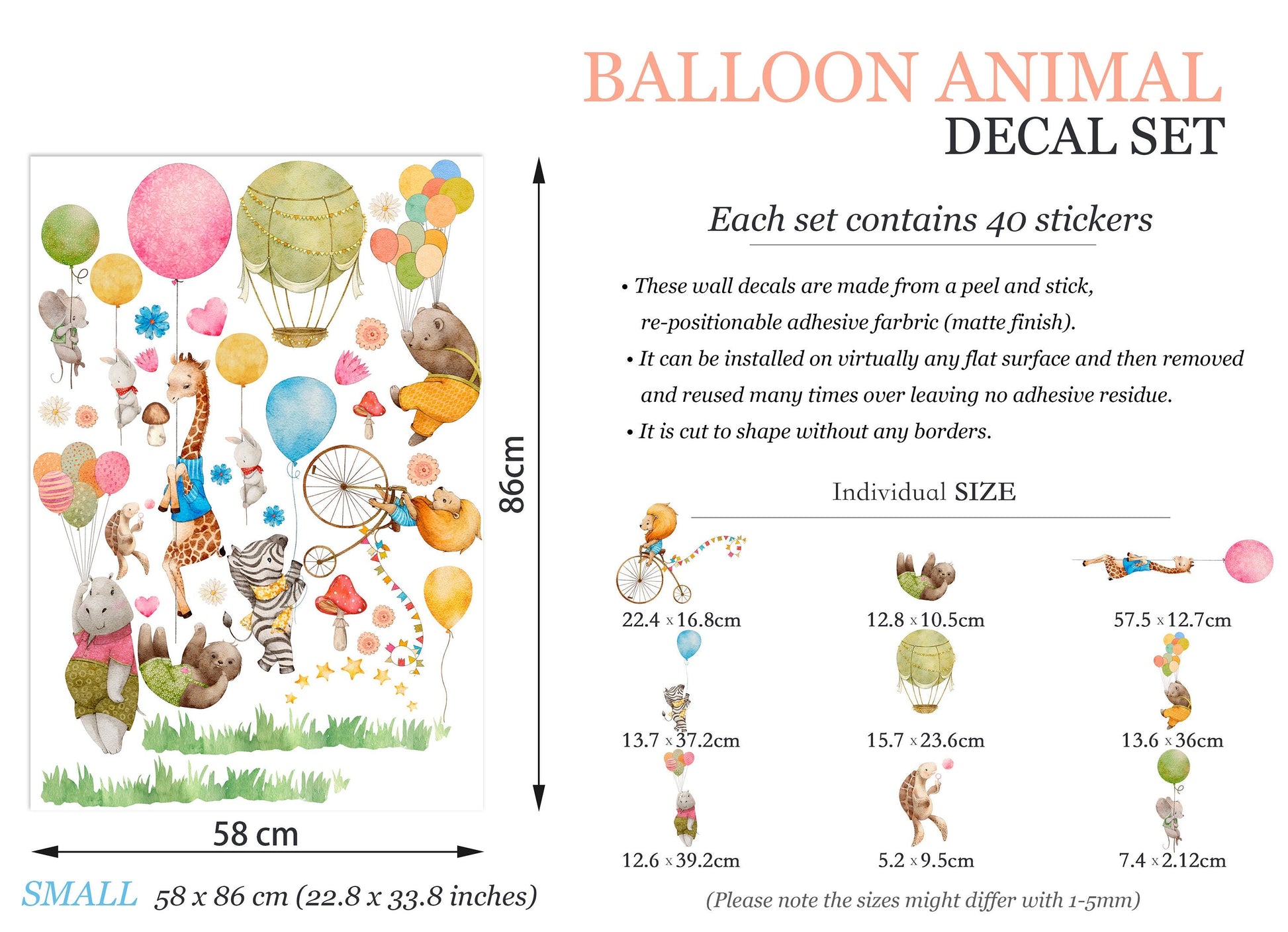 Animal Balloon Party Wall Decal - Giraffe, Hippo, Bear Playing in Meadow with Balloons - BR134