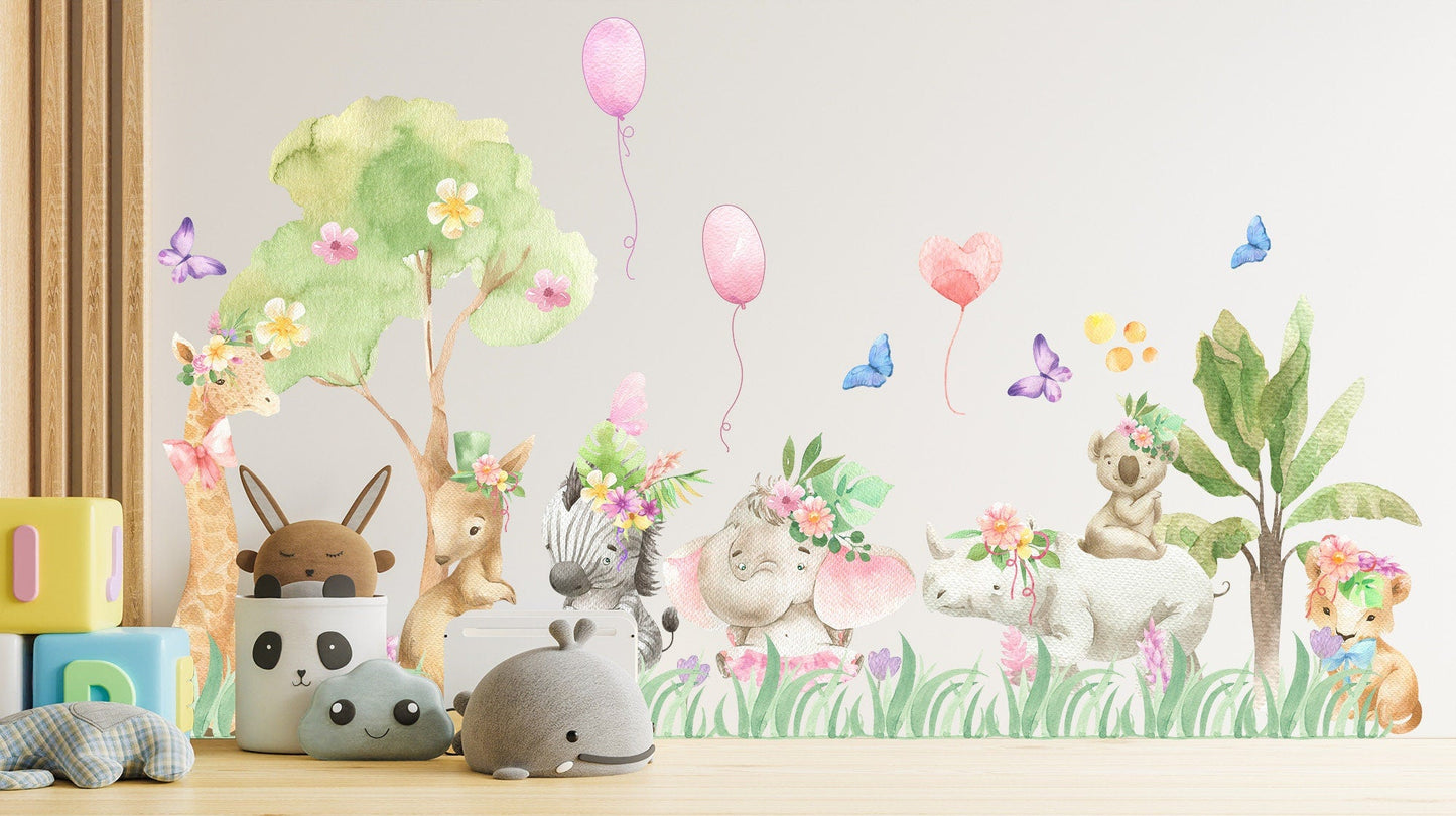 Jungle Baby Animals Wall Decal - Playful Floral Paradise - BR131