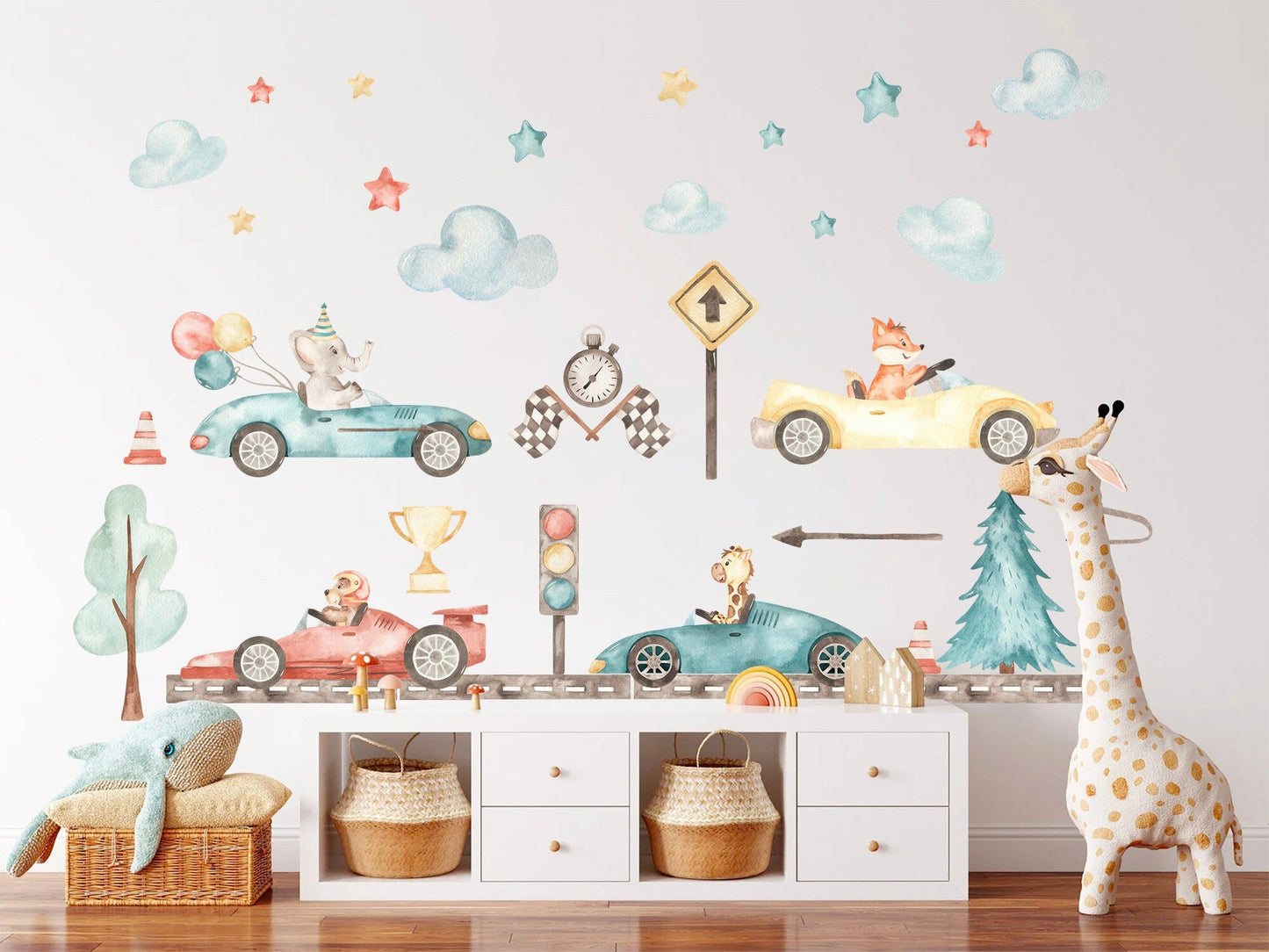 Baby Animals Racing Under Stars and Cloud with Balloons Removable Wall Decal - BR136