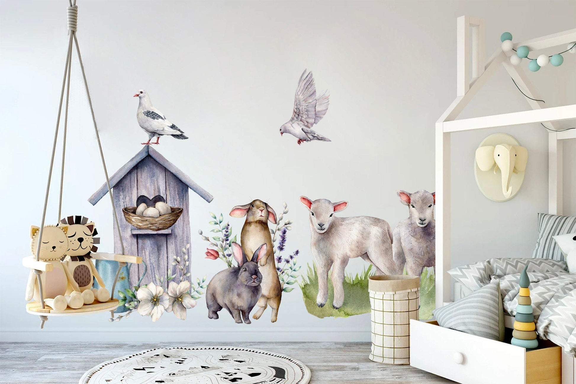 Watercolor Farm Friends Rabbit Pigeon Goat Removable Wall Decal - BR141