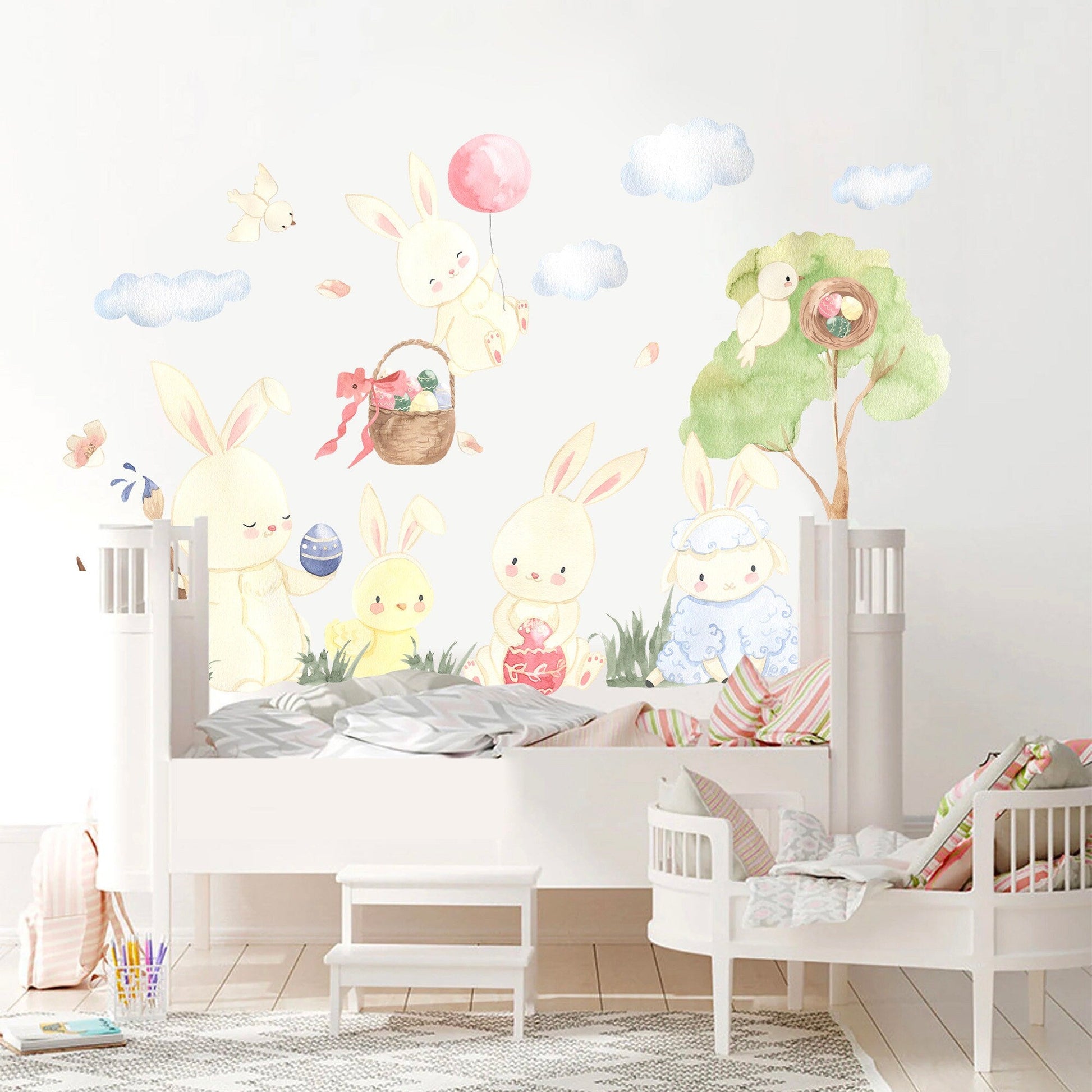 Watercolor Balloon Easter Bunny Celebration Happy Egg Wall Decal - BR140