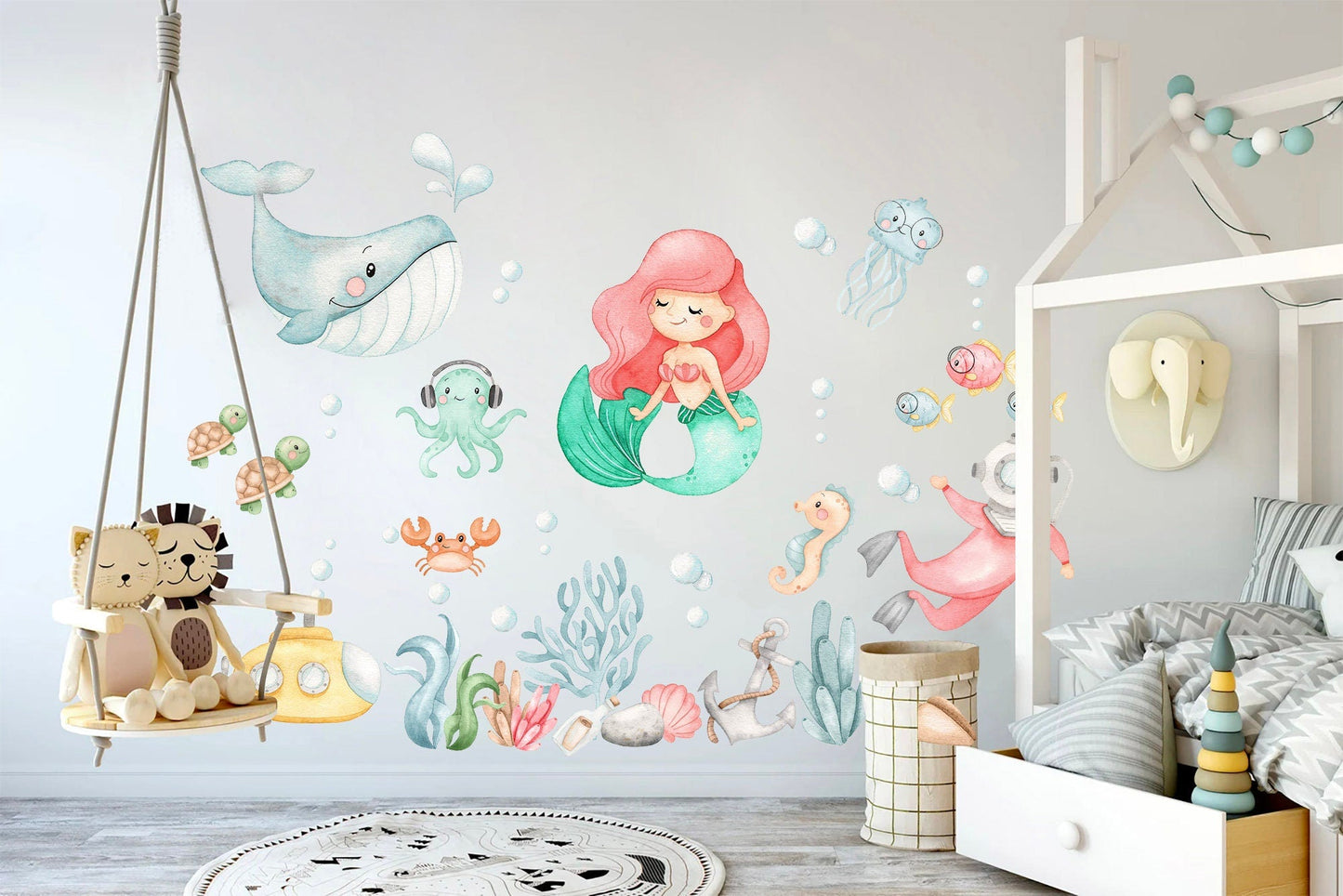 Adventurous Mermaid Princess Underwater Wall Decal - playing with Whale Sea Horse Octopus - BR142