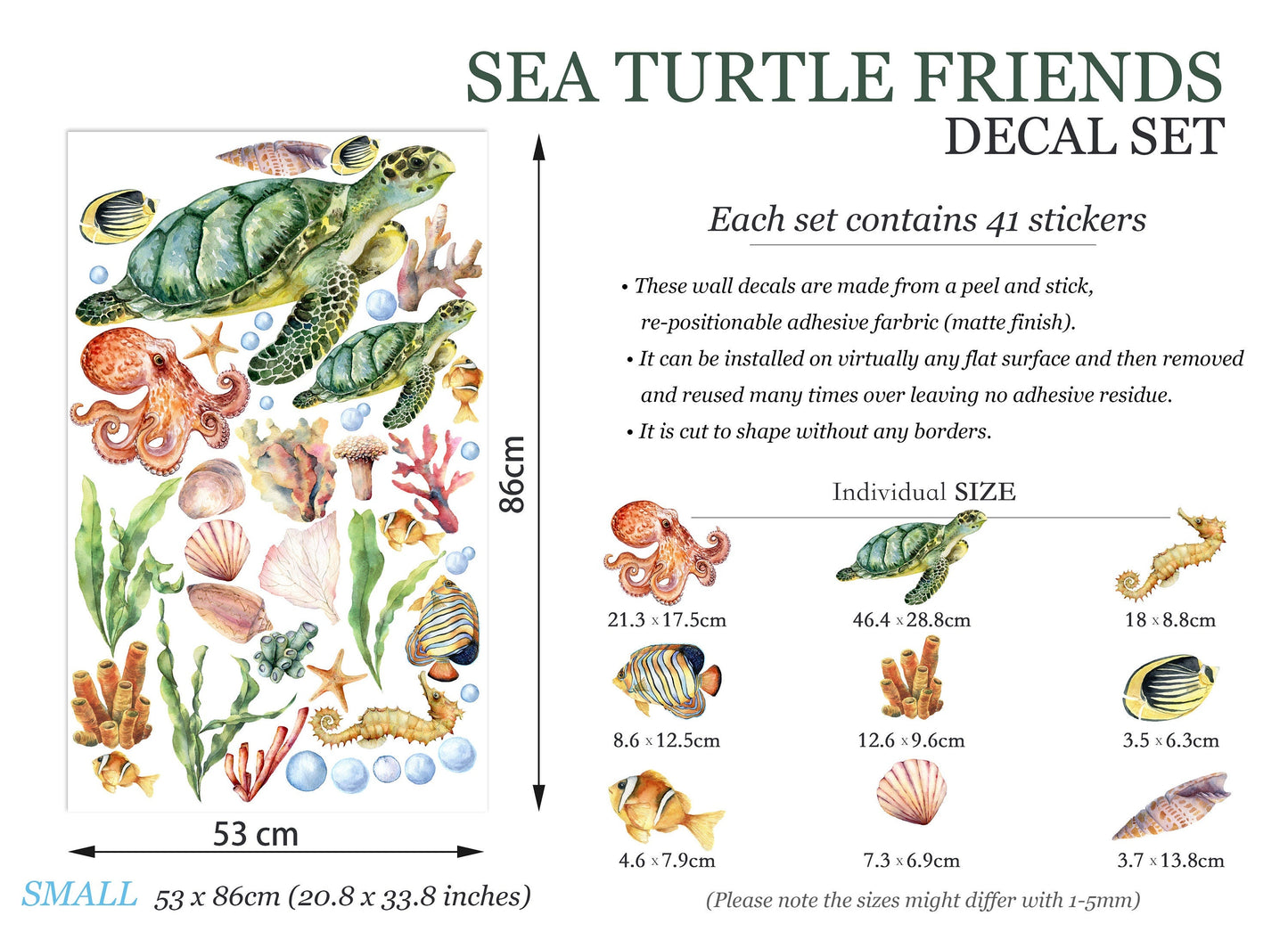 Underwater Adventure Wall Decal - Turtle Mom with Baby Swimming Among Octopus and Seahorse Friends - BR146