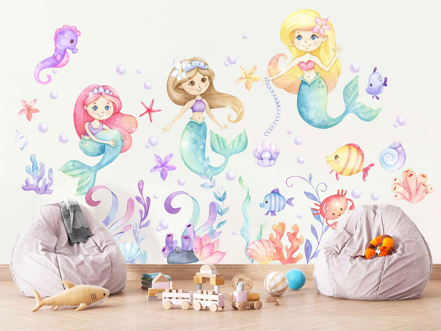 Mermaid Princess Watercolor Wall Decal - Playful Undersea Girls' Room Decor - BR149