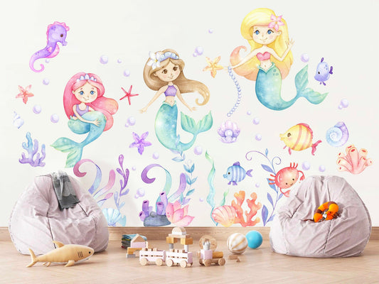 Mermaid Princess Watercolor Wall Decal - Playful Undersea Girls' Room Decor - BR149