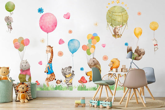 Animal Balloon Party Wall Decal - Giraffe, Hippo, Bear Playing in Meadow with Balloons - BR134