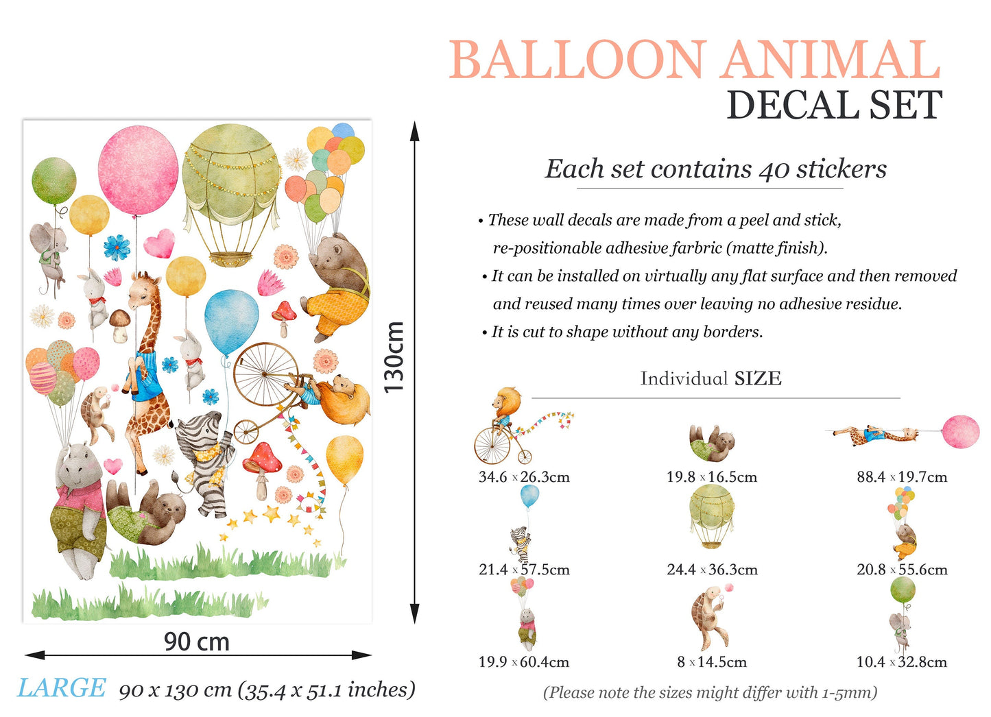 Animal Balloon Party Wall Decal - Giraffe, Hippo, Bear Playing in Meadow with Balloons - BR134