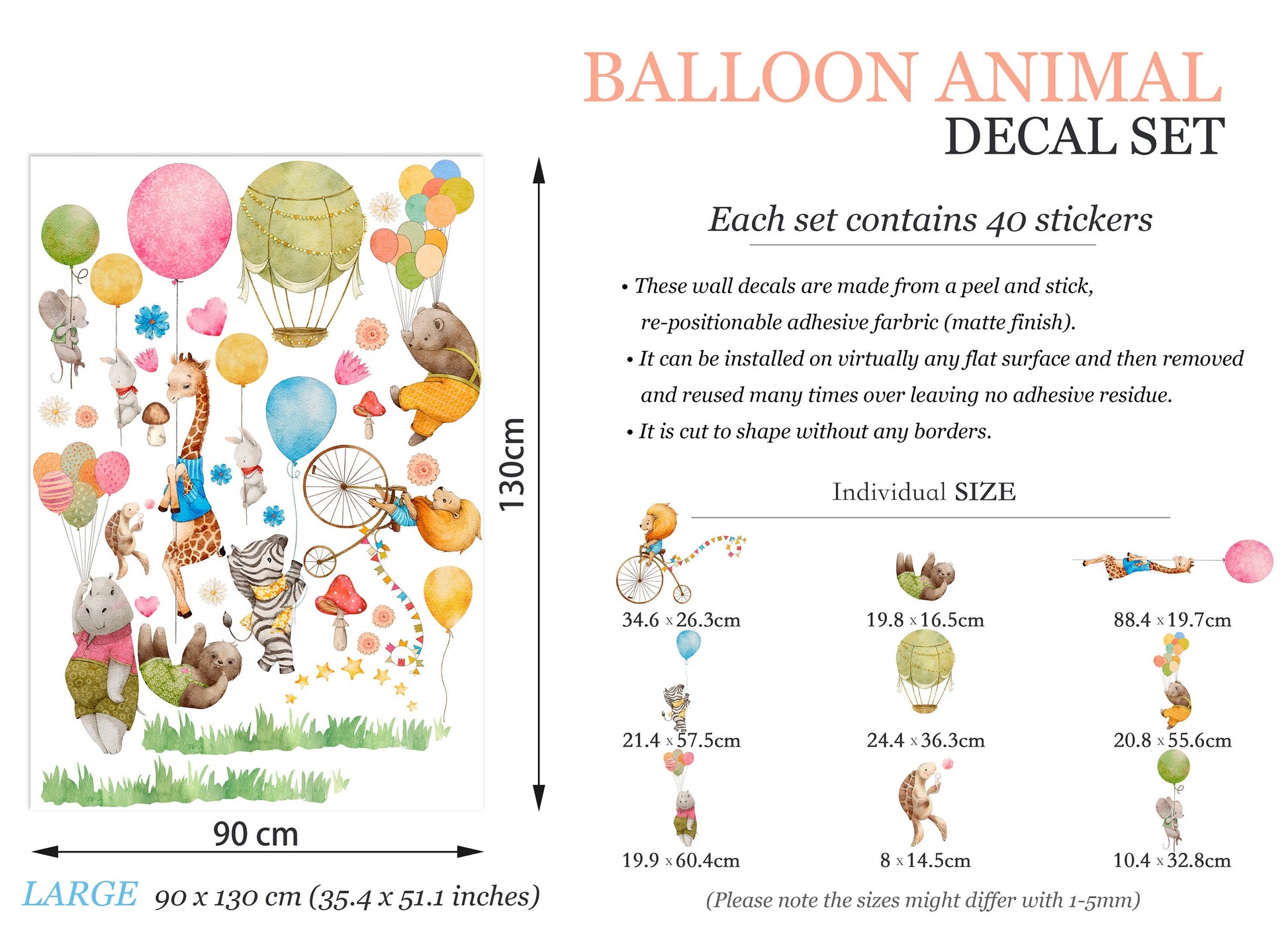 Animal Balloon Party Wall Decal - Giraffe, Hippo, Bear Playing in Meadow with Balloons - BR134