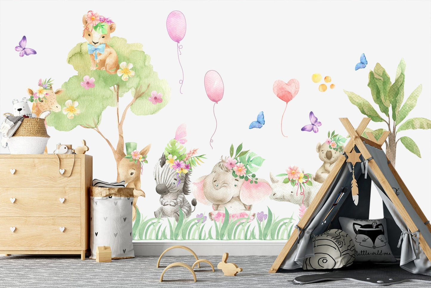 Jungle Baby Animals Wall Decal - Playful Floral Paradise - BR131