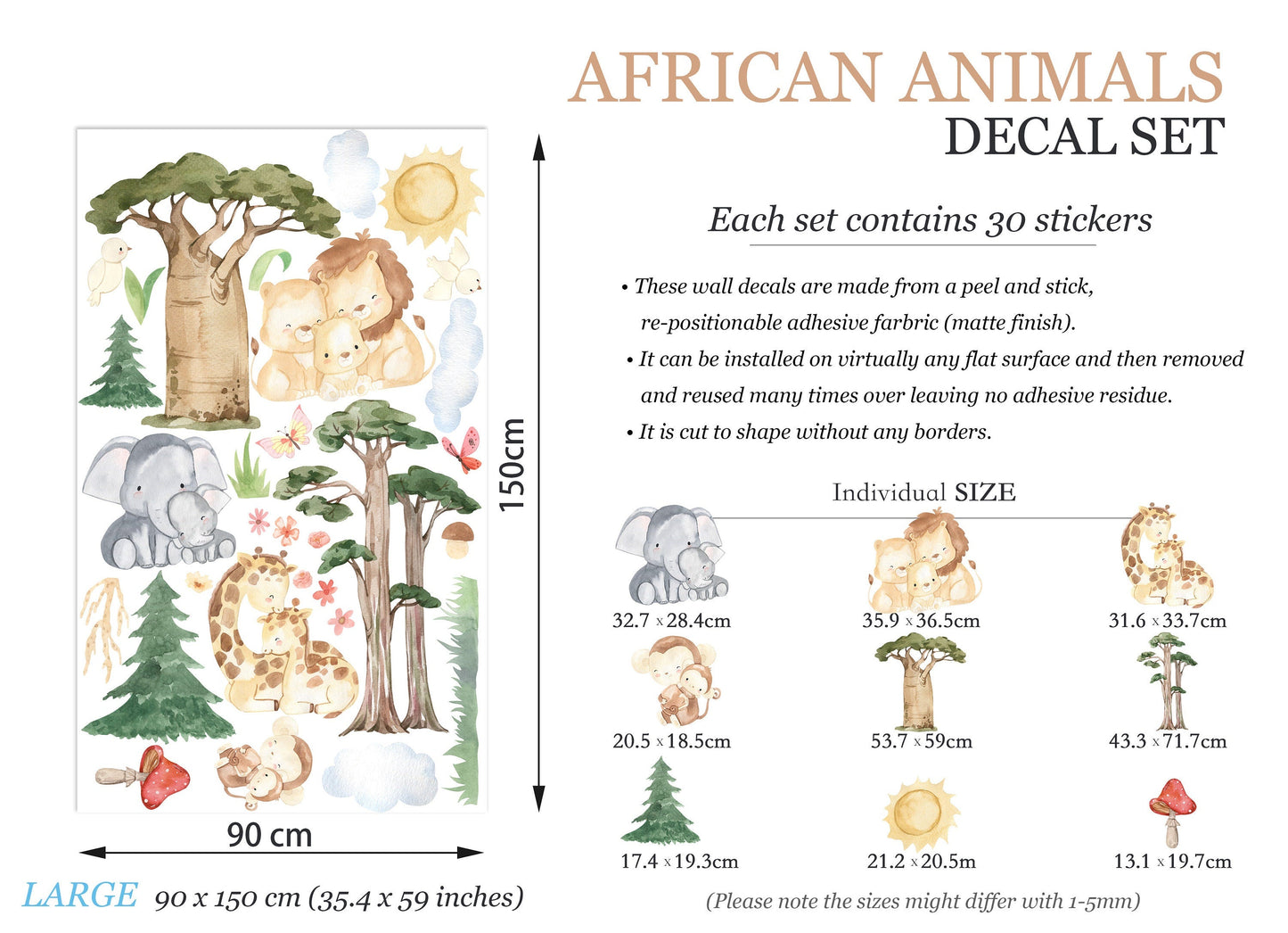 Wildlife Mom & Baby Wall Decal - Elephant Monkey Lion Giraffe Family - BR151