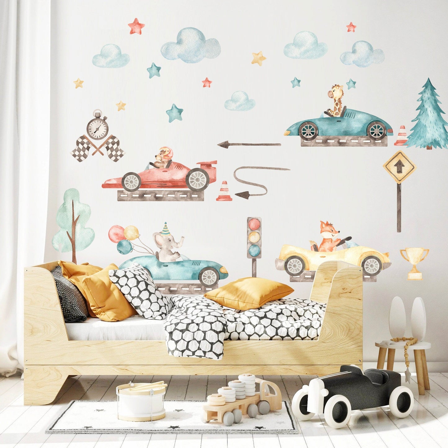 Baby Animals Racing Under Stars and Cloud with Balloons Removable Wall Decal - BR136