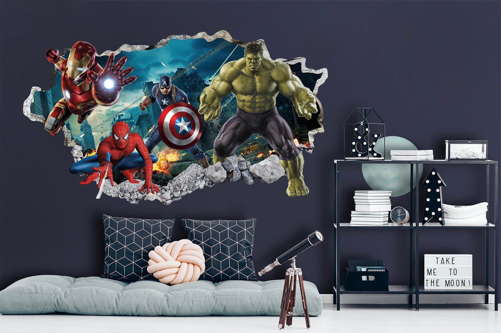 Avengers 3D Wall Decal Hulk Spiderman Iron Man Captain America Superheroes coming out 3D Smashed Wall Sticker