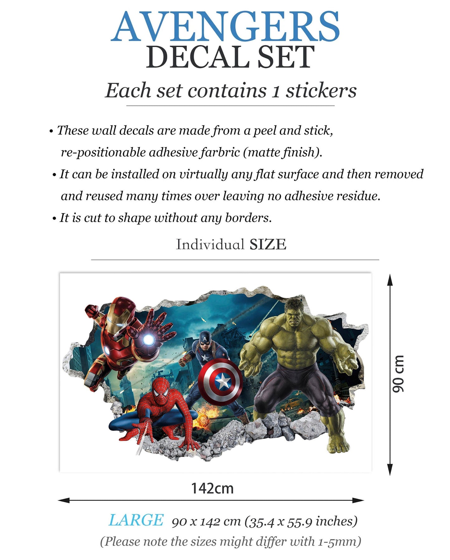 Avengers 3D Wall Decal Hulk Spiderman Iron Man Captain America Superheroes coming out 3D Smashed Wall Sticker