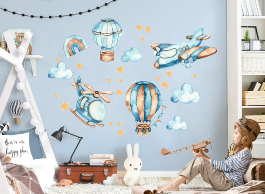 Blue Hot air balloon airplane helicopter Wall Decal - Boys Room Gift - BR139