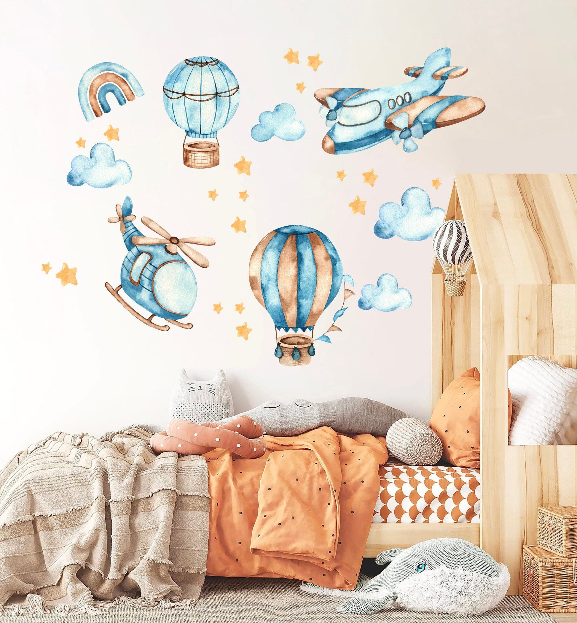 Blue Hot air balloon airplane helicopter Wall Decal - Boys Room Gift - BR139