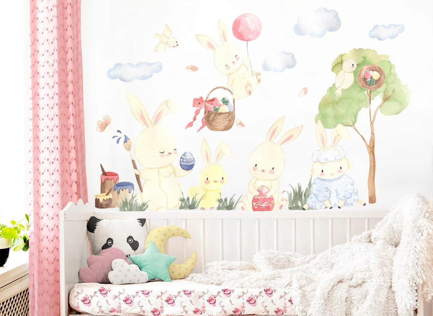 Watercolor Balloon Easter Bunny Celebration Happy Egg Wall Decal - BR140