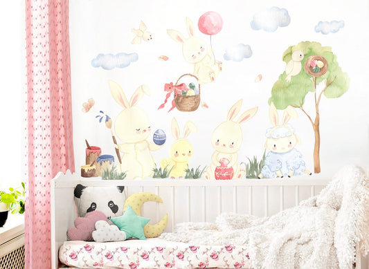 Watercolor Balloon Easter Bunny Celebration Happy Egg Wall Decal - BR140