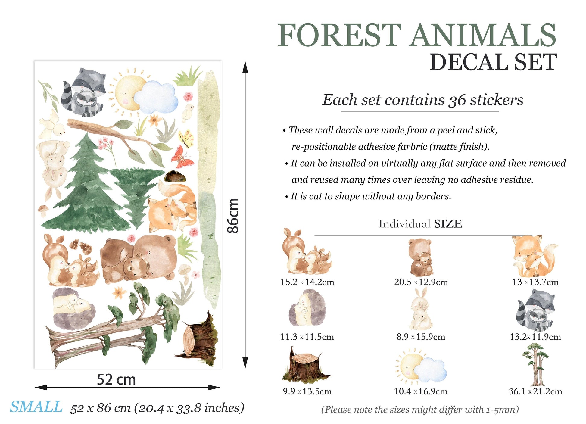 Forest Fun: Animal Moms and Babies Removable Nursery Wall Decal - Raccoon, Hedgehog, Rabbit, Fox - BR159