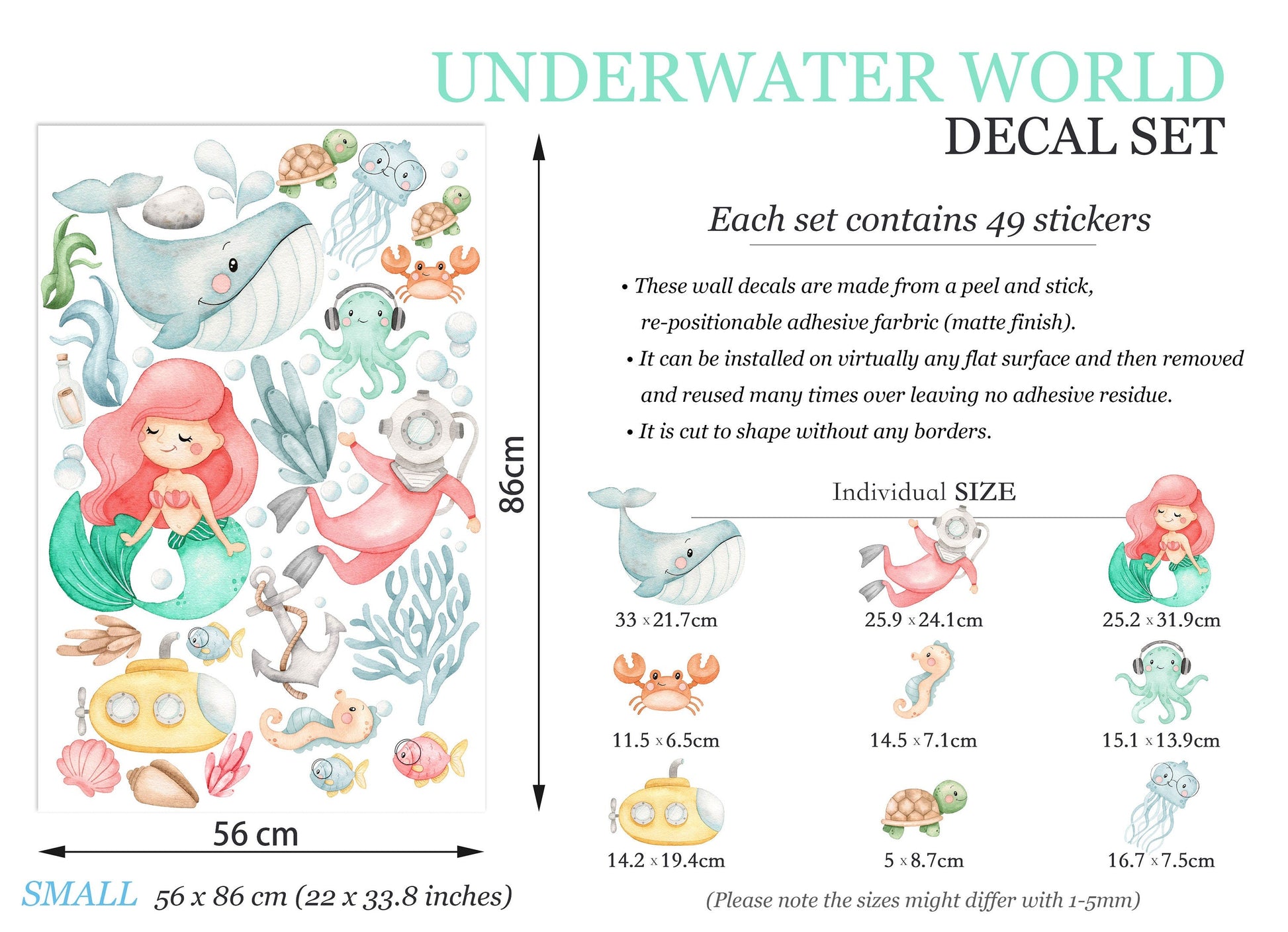 Adventurous Mermaid Princess Underwater Wall Decal - playing with Whale Sea Horse Octopus - BR142