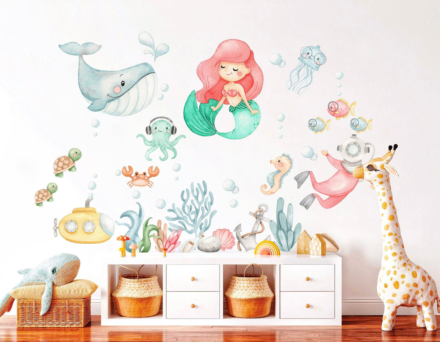Adventurous Mermaid Princess Underwater Wall Decal - playing with Whale Sea Horse Octopus - BR142