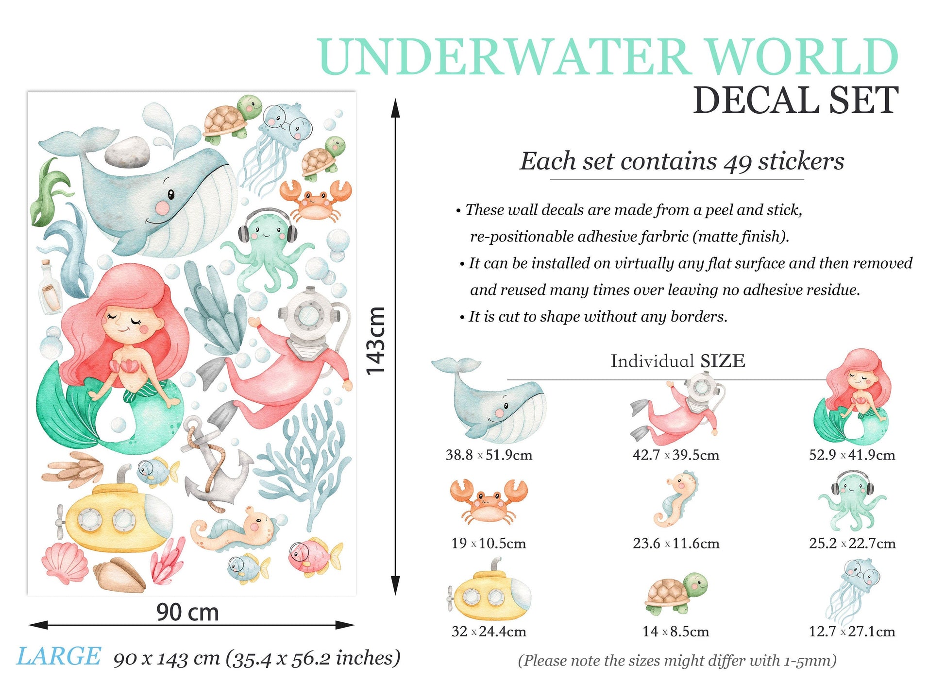Adventurous Mermaid Princess Underwater Wall Decal - playing with Whale Sea Horse Octopus - BR142