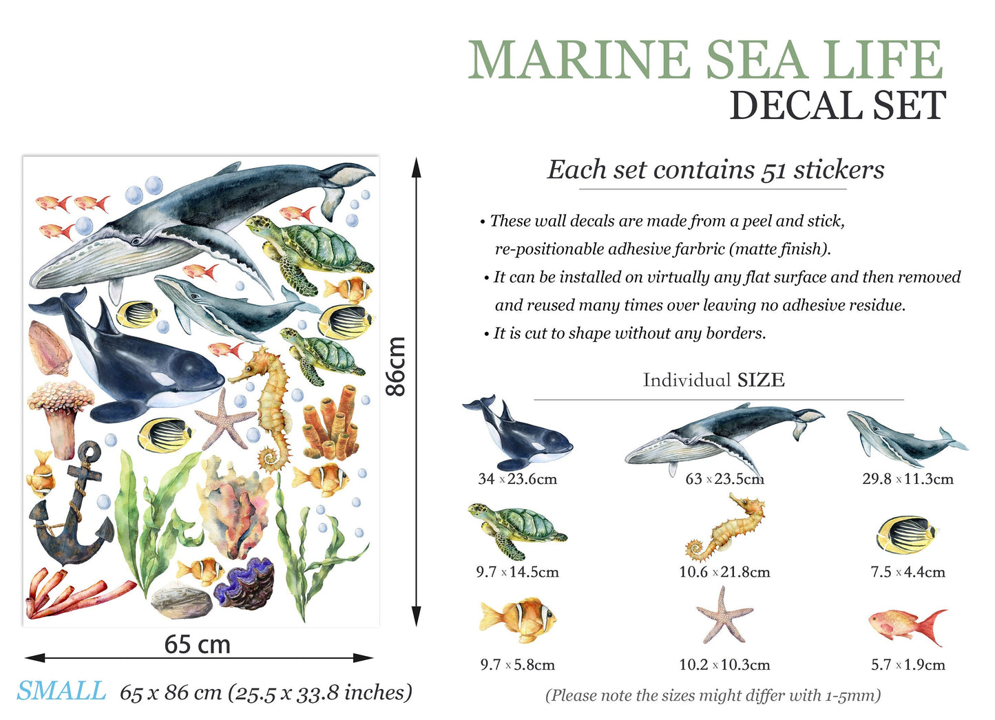 Marine Life Underwater Wall Decal - Whale Dolphin Sea Turtle Seahorse - Removable Peel and Stick - BR145
