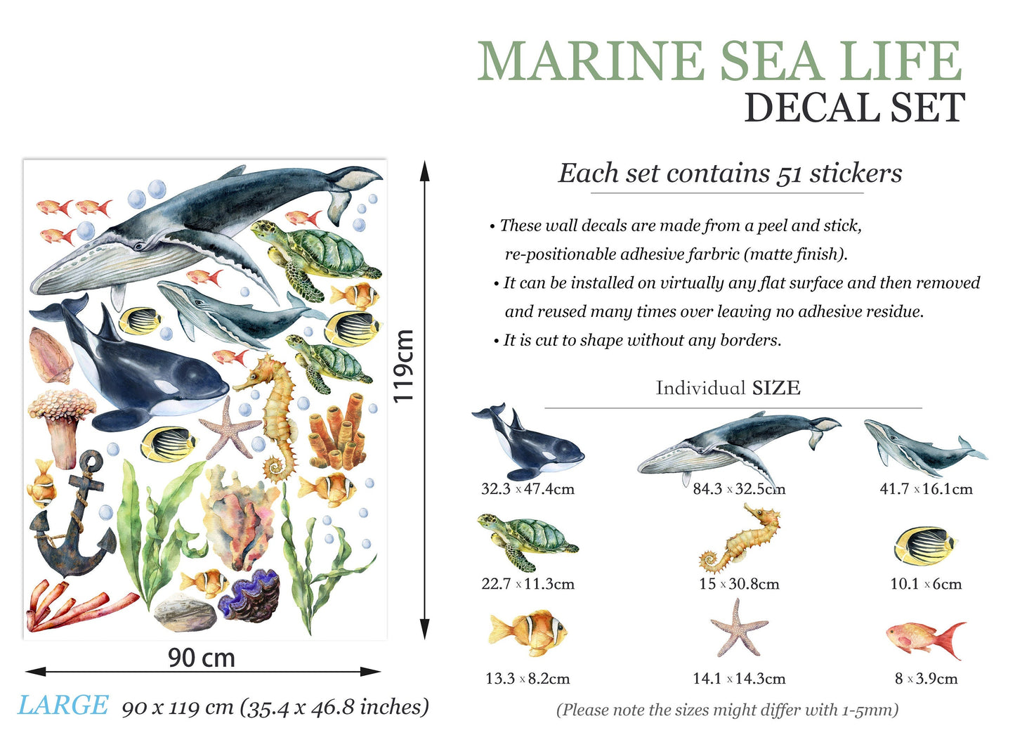 Marine Life Underwater Wall Decal - Whale Dolphin Sea Turtle Seahorse - Removable Peel and Stick - BR145