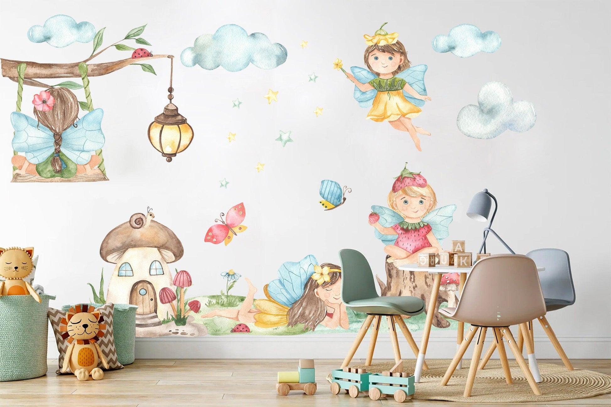 Enchanting Fairy Wall Decal with Butterfly Mushroom House Branch Lantern - Girl Room Decor - BR147