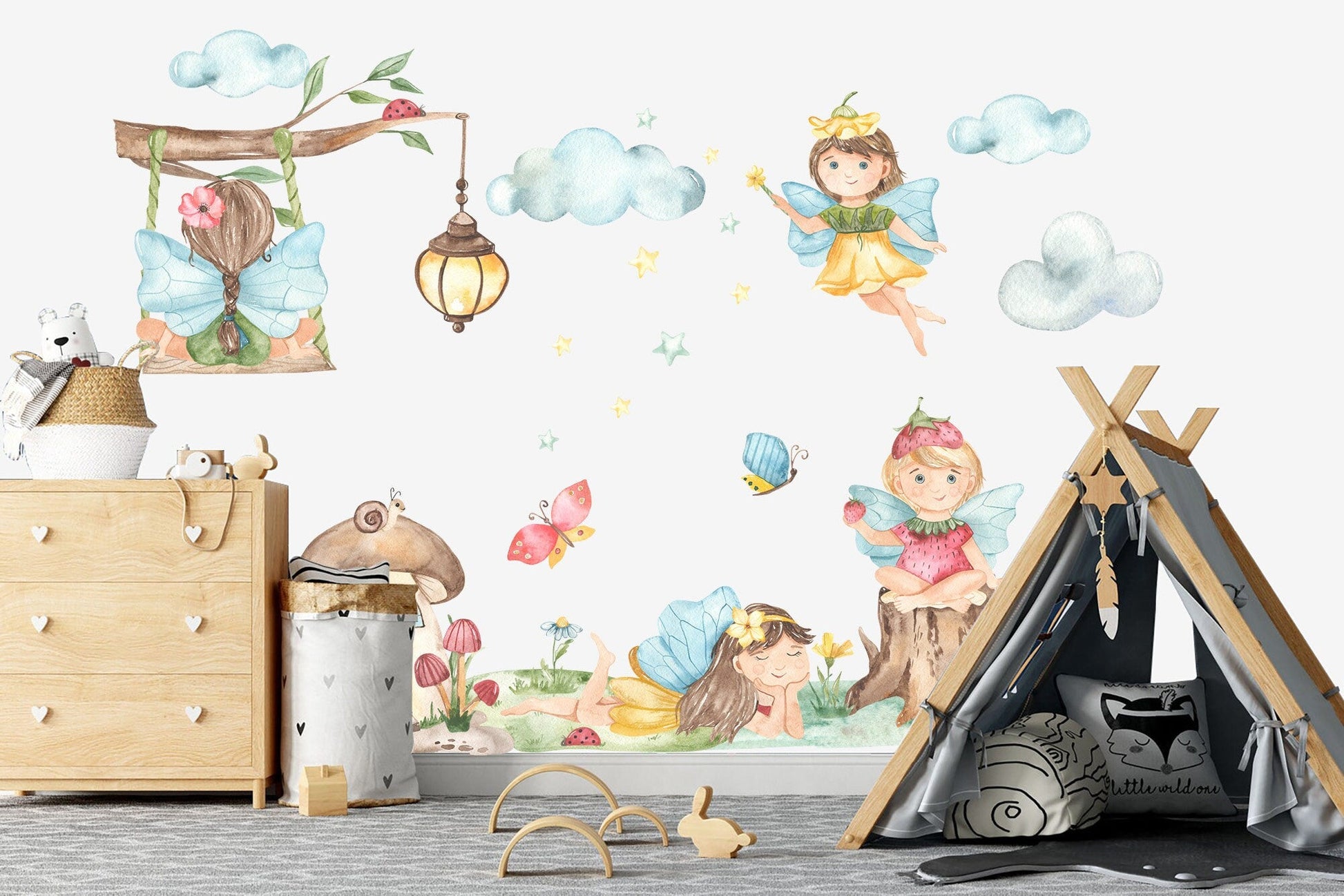 Enchanting Fairy Wall Decal with Butterfly Mushroom House Branch Lantern - Girl Room Decor - BR147