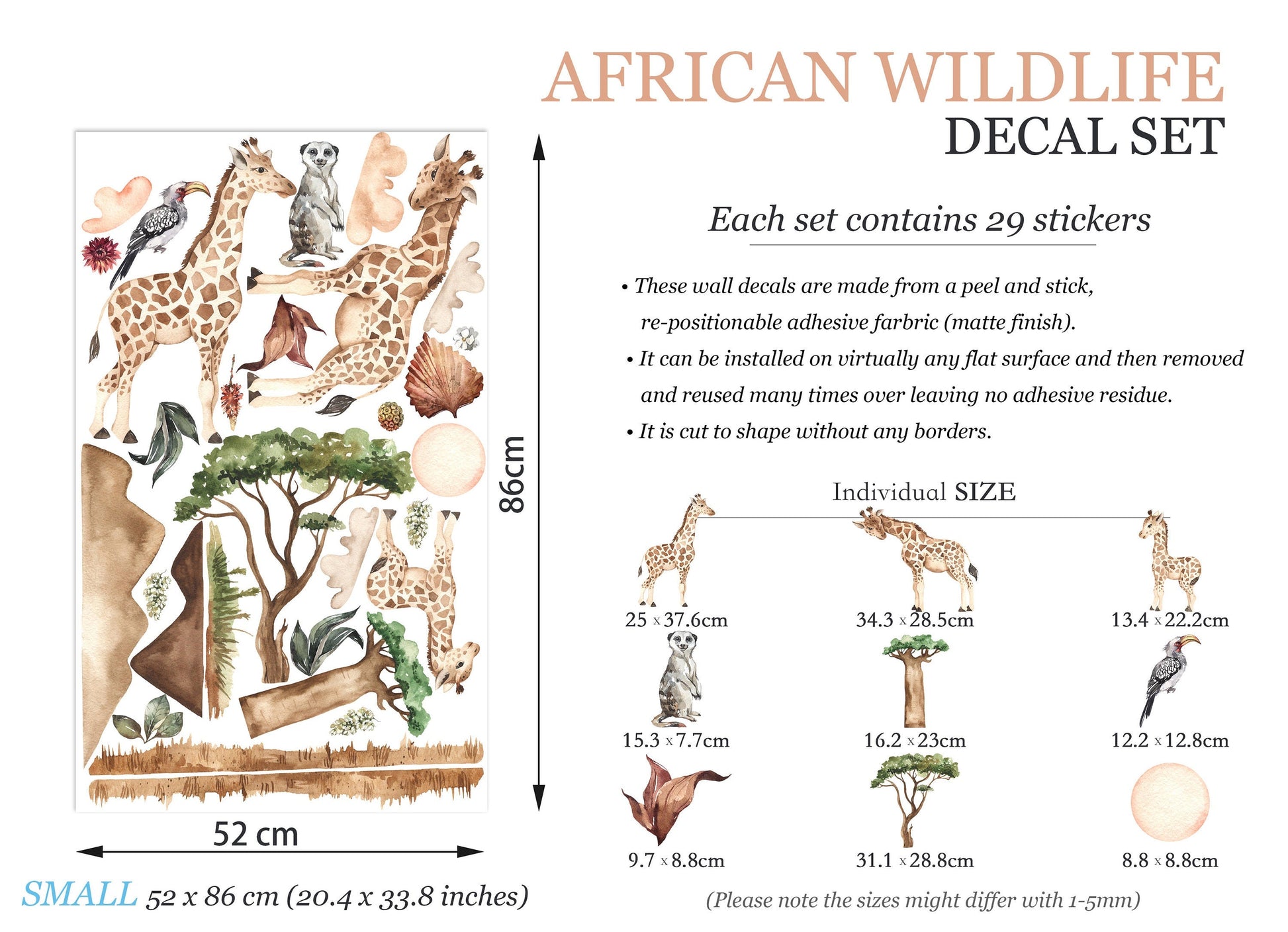 African Savannah Giraffe Family and Meerkat Wall Decal - Removable Peel and Stick - BR148
