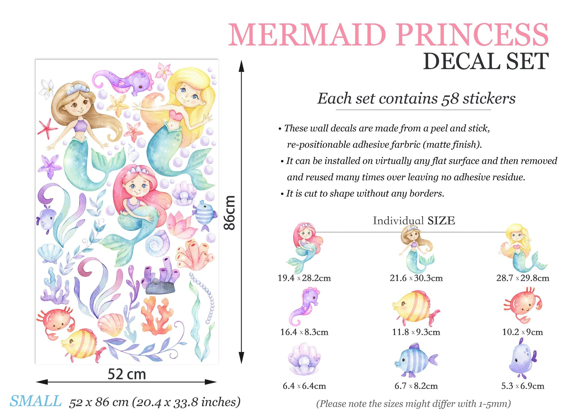 Mermaid Princess Watercolor Wall Decal - Playful Undersea Girls' Room Decor - BR149