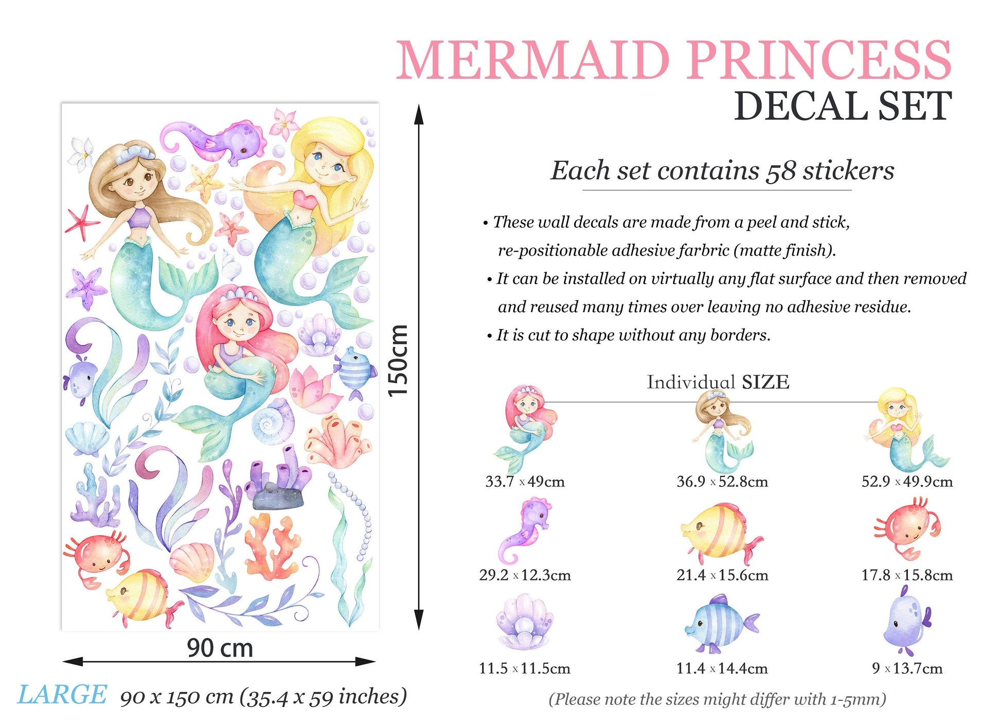 Mermaid Princess Watercolor Wall Decal - Playful Undersea Girls' Room Decor - BR149