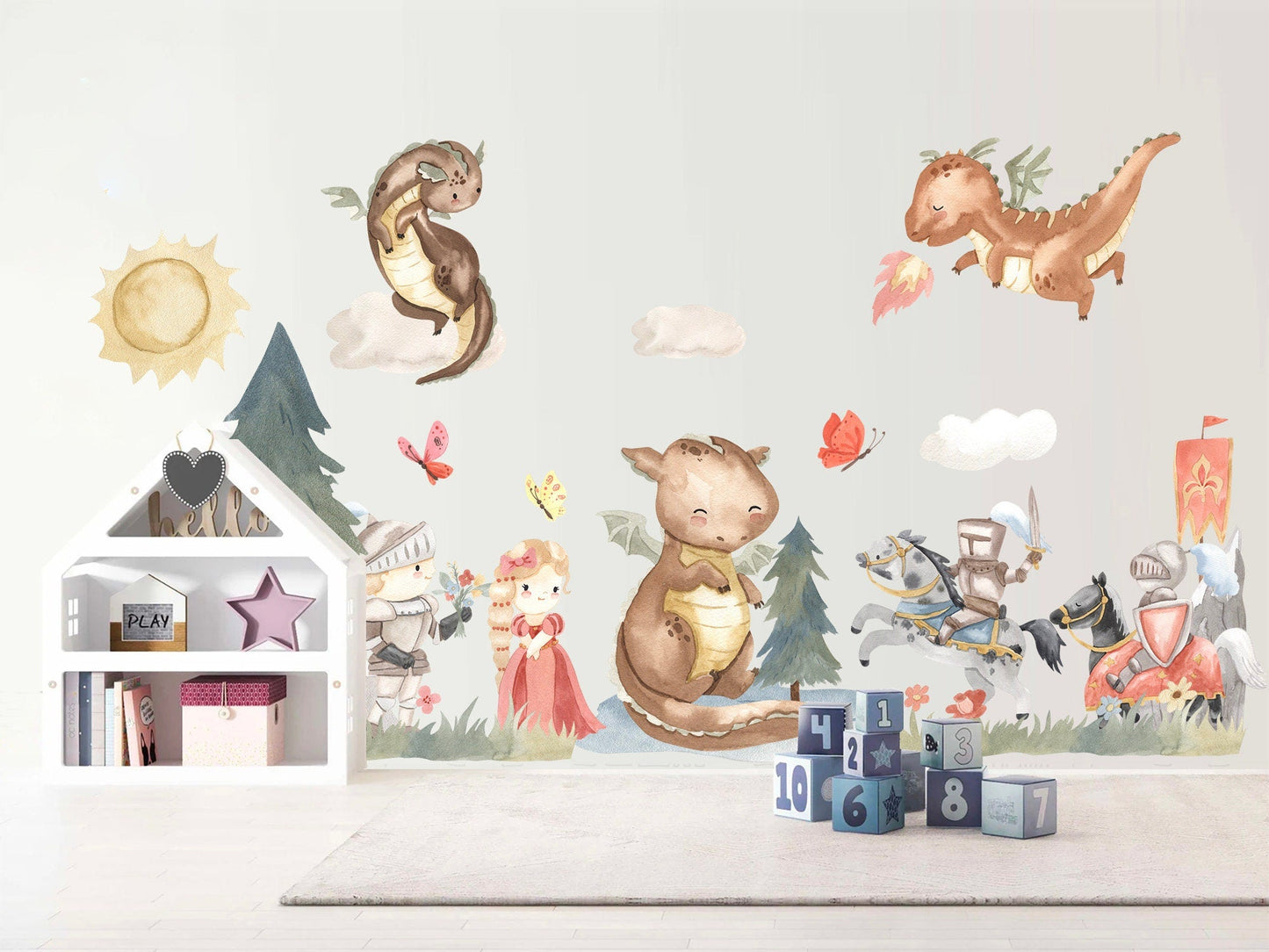 Watercolor Dragons And Knights Princess Removable Wall Decal - BR150