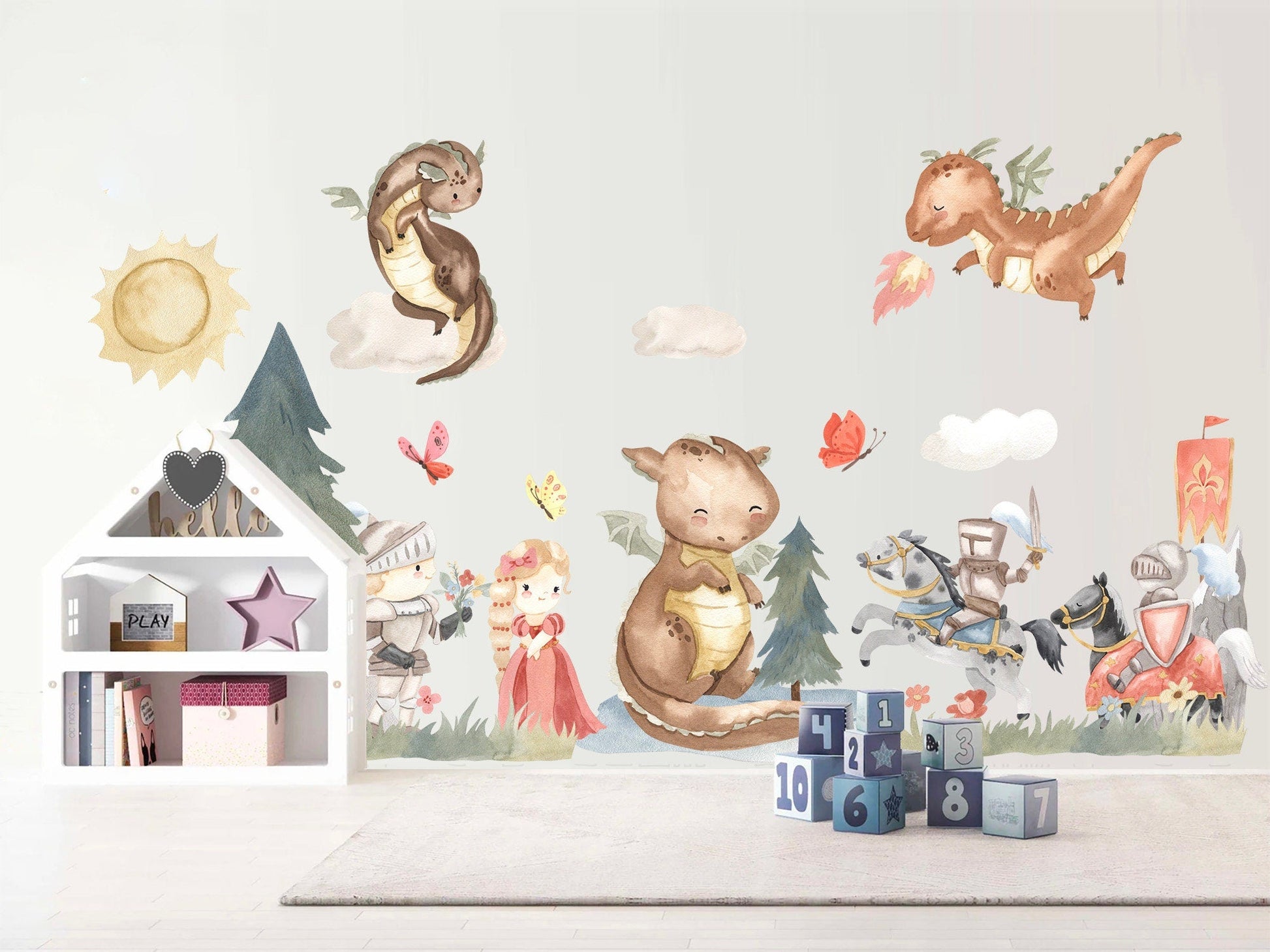 Watercolor Dragons And Knights Princess Removable Wall Decal - BR150