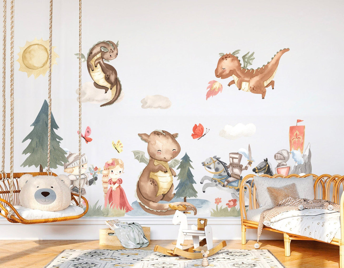 Watercolor Dragons And Knights Princess Removable Wall Decal - BR150