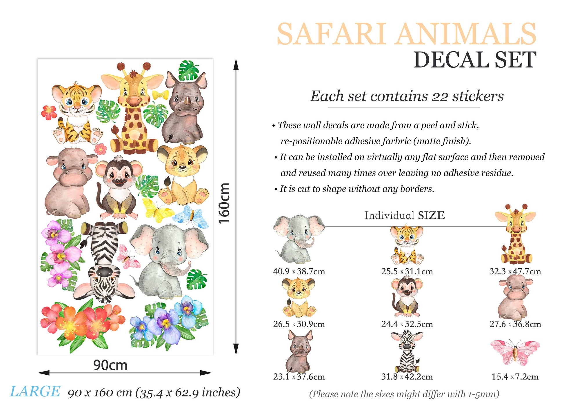 African Animal Babies Jungle Palm Wall Decal - Removable Peel and Stick - BR161