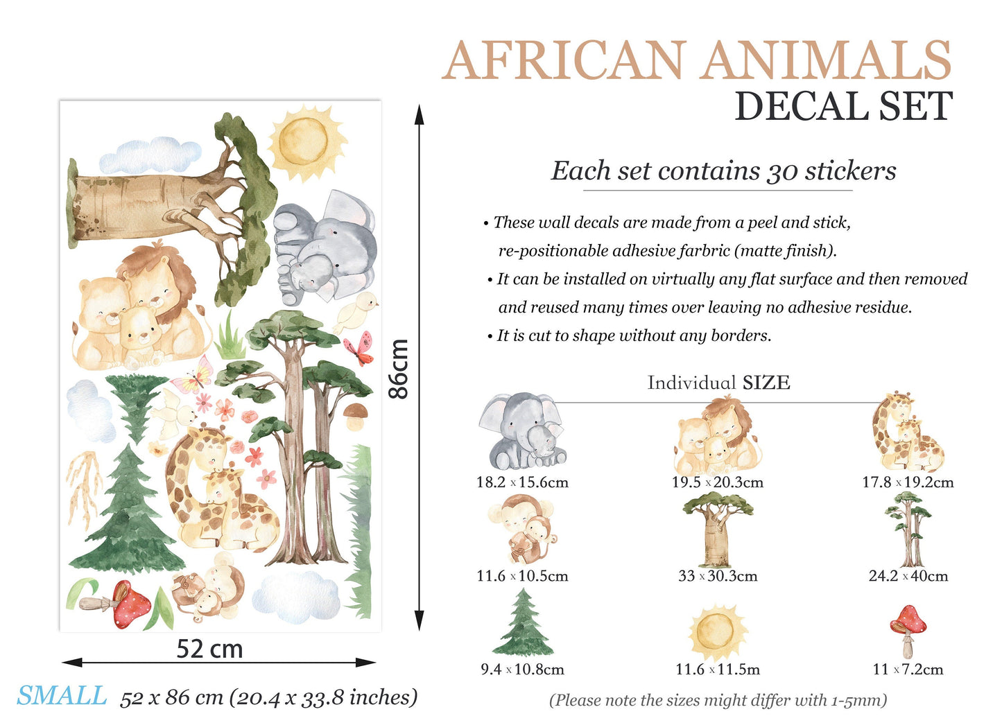 Wildlife Mom & Baby Wall Decal - Elephant Monkey Lion Giraffe Family - BR151