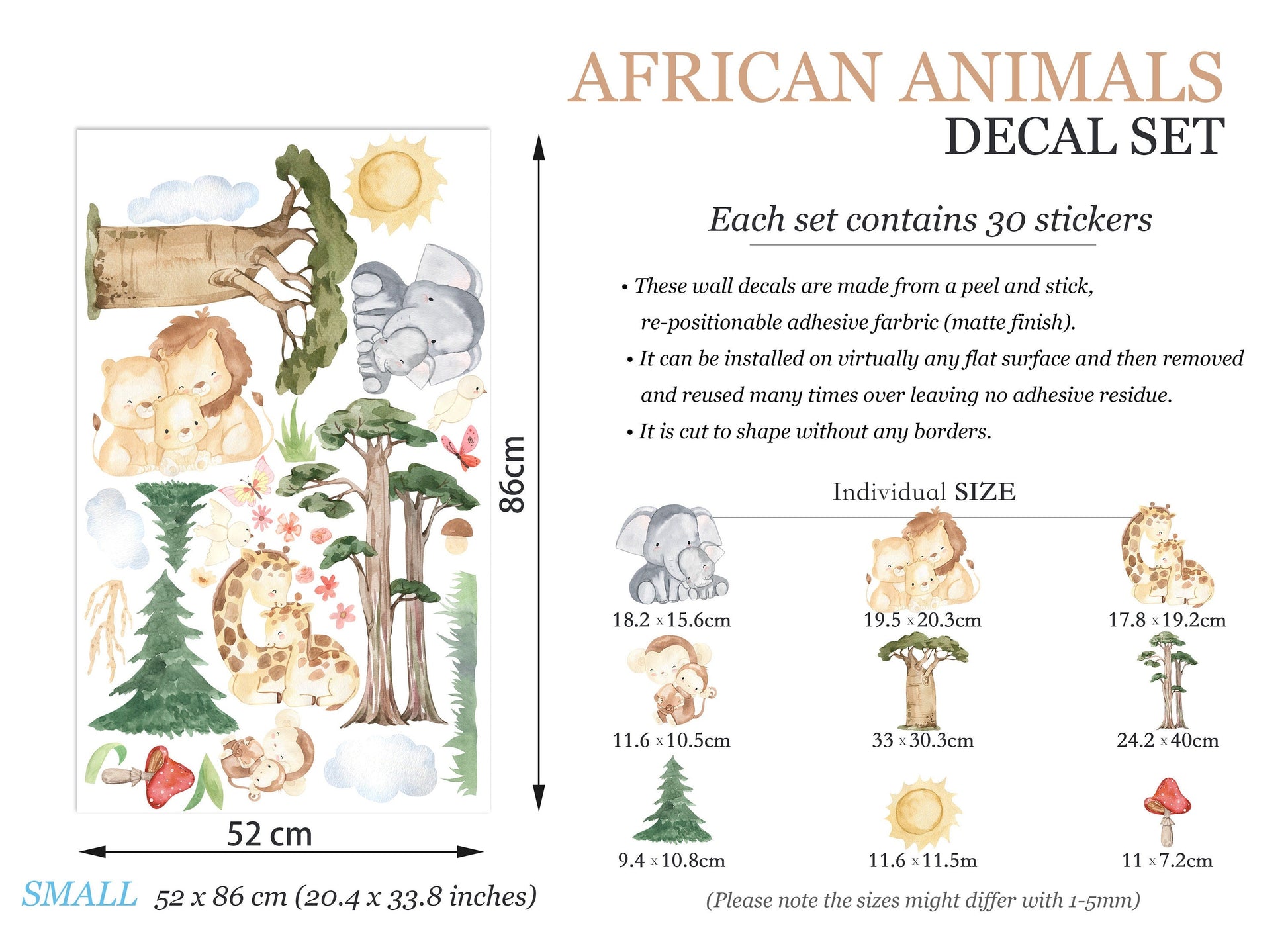 Wildlife Mom & Baby Wall Decal - Elephant Monkey Lion Giraffe Family - BR151