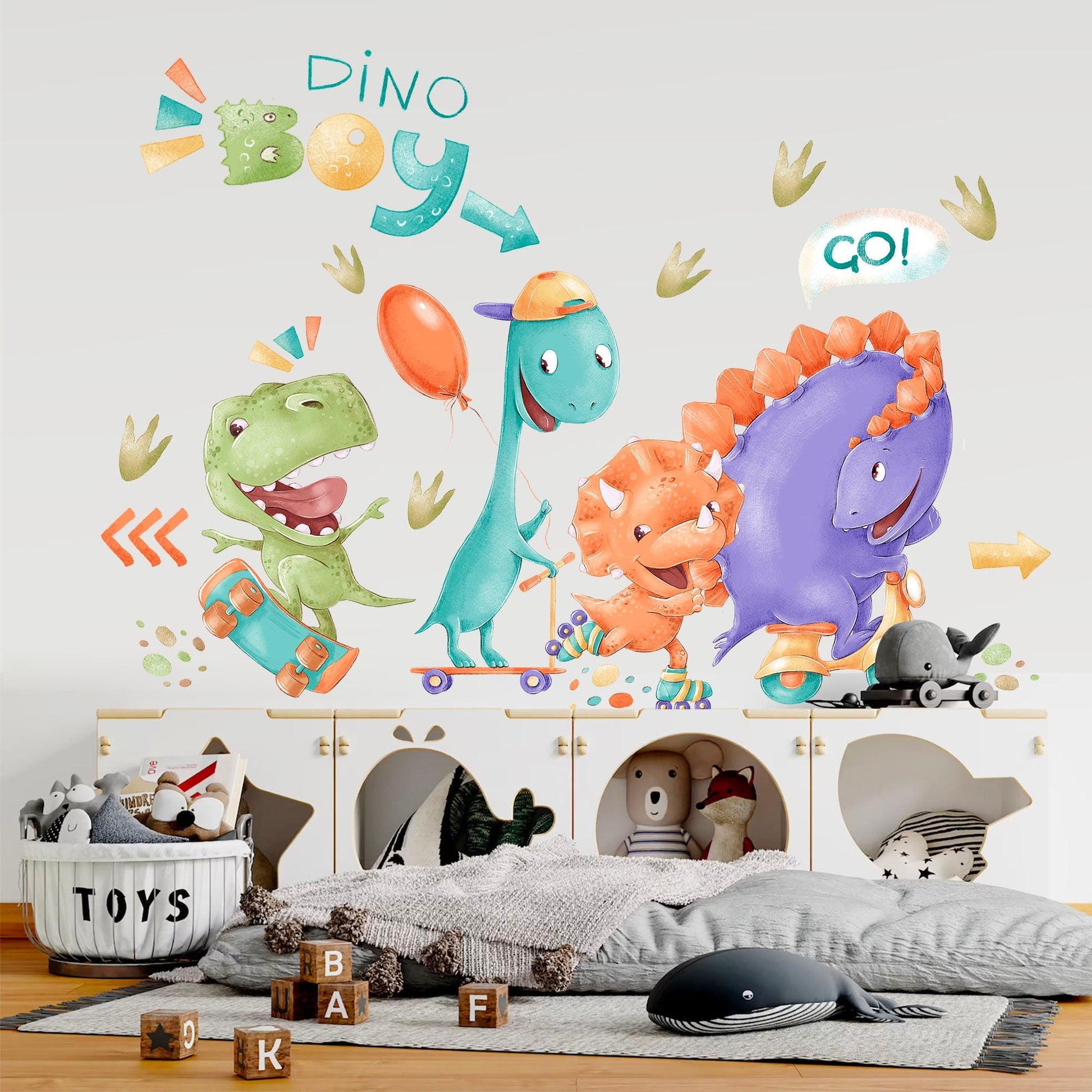 Watercolor Dinosaurs Riding Skateboards, Petals, Rollerblades, Mini Motorcycles Wall Decal - Boys Room Gift - BR164